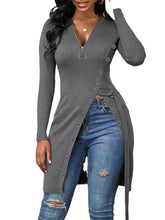 Camiseta de manga larga con cuello en V y cremallera de hilo con abertura alta para mujer Otoño Invierno